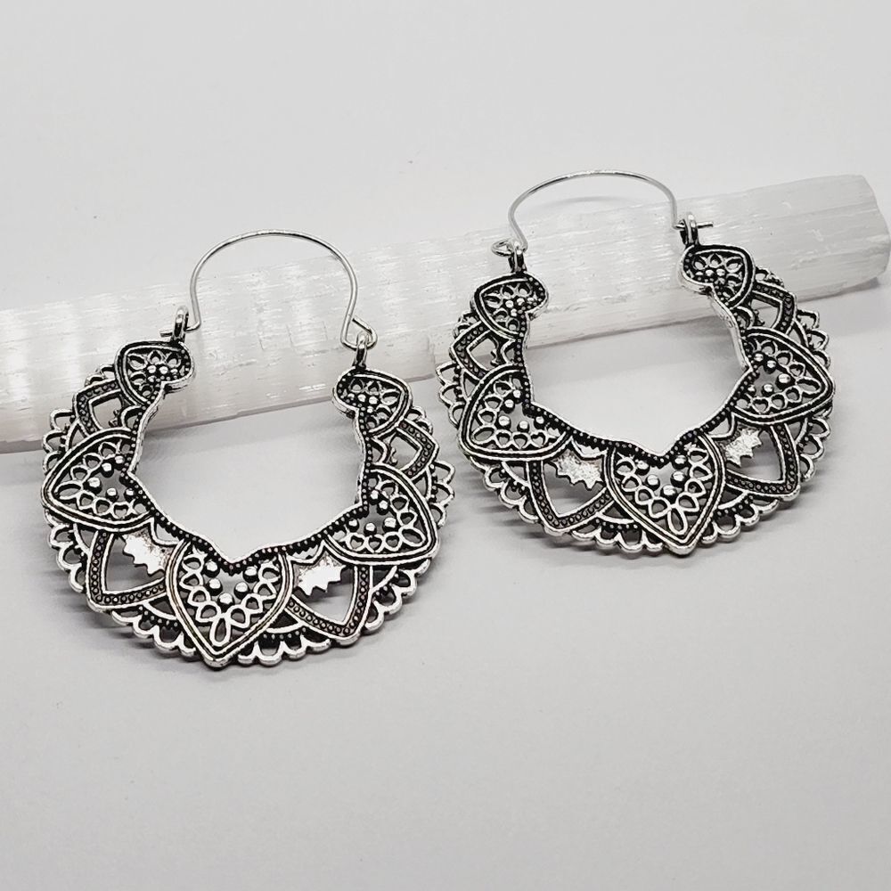 Boho Mandala Silver Toned 2" Hippie Tribal Yoga Yogi Earrings Hoops